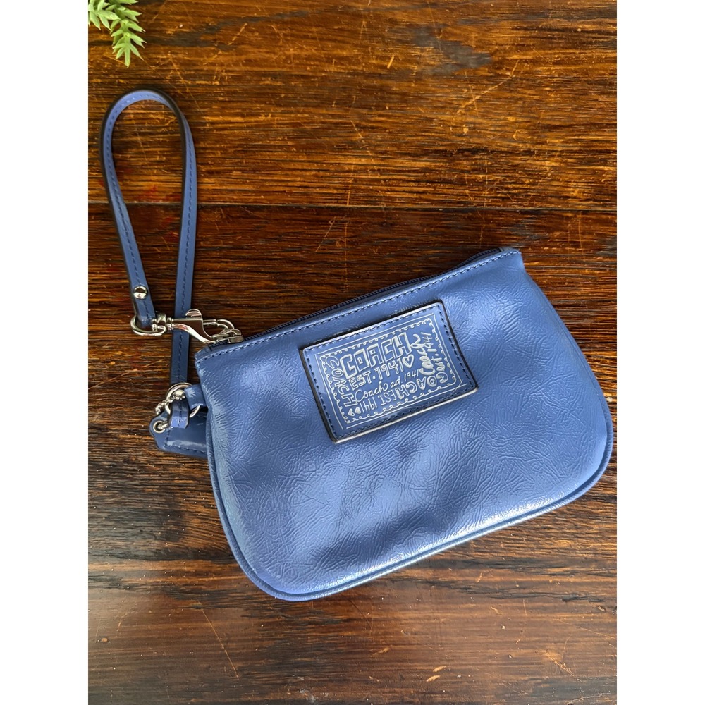 Coach Poppy Blue Leather Graffiti Logo Wristlet Bag